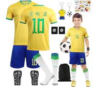 Ainvliya Ensemble de Maillot de football pour Enfants, N° 7/N° 10 Maillot de Football Garçons Survêtement T-shirt Short Chaussettes Protège-Genoux Porte-clés Tatouages Temporaires Maillot de Football