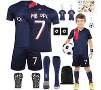 Ainvliya Ensemble de Maillot de football pour Enfants, N° 7/N° 10 Maillot de Football Garçons Survêtement T-shirt Short Chaussettes Protège-Genoux Porte-clés Tatouages Temporaires Maillot de Football