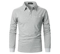 AIOIDI Polo à Manches Longues pour Hommes T-Shirts à Rayures en Coton décontracté avec Real Pocket Gris S