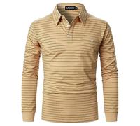 AIOIDI Polo à Manches Longues pour Hommes T-Shirts à Rayures en Coton décontracté avec Real Pocket Kaki L