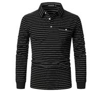 AIOIDI Polo à Manches Longues pour Hommes T-Shirts à Rayures en Coton décontracté avec Real Pocket Noir XXL