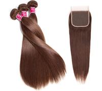 Aiokrtse Extensions de cheveux humains péruviens vierges raides 100 % humains #4 brun clair (#4 couleur marron clair, 40,6 cm, 50,8 cm + 35,6 cm de fermeture)