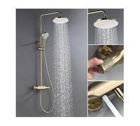 Aioneer Ensemble De Douche À Effet Pluie 10 Pouces, Robinetterie De Douche en Laiton Brossé Doré, Montage Mural, Mitigeur À Double Poignée avec Pommeau De Douche, Douchette À Mai