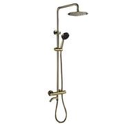 Aioneer Ensemble De Douche À Effet Pluie De 25 Cm (10 Pouces) en Laiton Brossé Doré avec Robinet Thermostatique Mural, Mitigeur Double Poignée, Pommeau De Douche, Douchette À Mai