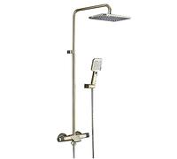 Aioneer Ensemble De Douche À Effet Pluie en Laiton avec Robinetterie Double Poignée, Mitigeur Mural Effet Pluie avec Bec Cascade, Douchette À Main 2 Jets, Pommeau De Douche Recta-Zirconium Gold