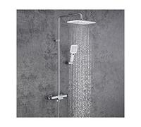 Aioneer Ensemble De Douche À Effet Pluie en Laiton avec Robinetterie Double Poignée, Mitigeur Mural Effet Pluie avec Bec Cascade, Douchette À Main 2 Jets, Pommeau De Douche Recta-Chrome