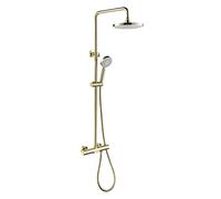 Aioneer Ensemble De Douche Complet Mural avec Pommeau De Douche Effet Pluie Classique, Robinet Thermostatique, Mitigeur en Laiton, Bec De Baignoire Cascade, Douchette À Main 3 Je-Brushed Gold-A