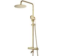 Aioneer Ensemble De Douche Thermostatique Effet Pluie, Finition Or, 20 Cm (8 Pouces), Robinetterie Murale, Mitigeur Double Poignée Effet Pluie avec Douchette À Main, Pommeau De D-Style C