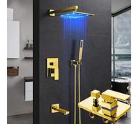 Aioneer Ensemble De Robinetterie De Douche Effet Pluie À Del Dorée - Pommeau De Douche Encastré De 30 Cm, Mitigeur en Laiton À 3 Voies Et Bec De Baignoire pour Une Expérience De-8 inch Full Set