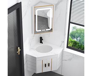 Aioneer Ensemble Meuble-Lavabo d'angle avec Miroir LED Antibuée - Solution Complète pour Petits Espaces, Fixation Murale, Idéal pour La Cuisine, La Salle De Bain Ou Le Patio.
