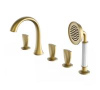 Aioneer Ensemble Mitigeur De Douche Et Baignoire Noir avec Inverseur - Robinet De Baignoire en Laiton 5 Trous avec Pommeau De Douche Et Flexible - Robinet De Salle De Bain Modern-Brushed Gold