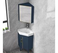 Aioneer Ensemble Vasque d'angle pour Salle De Bain, Lavabo sur Pied en Céramique, Meuble De Salle De Bain avec Robinet Et Bonde, Petits Lavabos pour Petits Espaces-Blue-56cm/22in