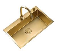 Aioneer Évier De Cuisine À Une Cuve, Carré, avec Robinet Extractible Et Kit D'Installation, À Encastrer Ou À Poser.-Gold-60x45x21cm