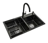 Aioneer Évier De Cuisine. Double Cuve en Acier Inoxydable 304 Noir avec Robinet Rond Et Bonde. Installation par Le Dessus Ou sous Plan.-Black-72x40x22cm