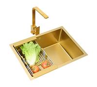 Aioneer Évier, Évier De Cuisine Doré, Évier De Buanderie, Évier De Bar Ou De Préparation en Acier Inoxydable À Une Cuve, Ensemble Évier Et Robinet, Évier De Cuisine Encastré Sous-Gold-60x40cm