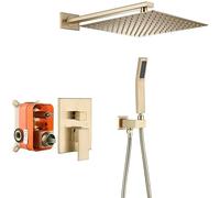 Aioneer Mitigeur De Douche Encastré, en Laiton Doré Brossé, À Deux Fonctions, avec Robinet De Douche À Effet Pluie Carré De 20 À 30 Cm.-Brushed Gold-10 inch