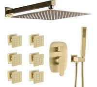 Aioneer Pommeau De Douche Classique, Robinet De Douche Mural Moderne en Laiton Doré Brossé, Effet Pluie, 25-30 Cm, avec 6 Jets Corporels Et Mitigeur, Ensemble De Douche De Luxe,-A-12 inch