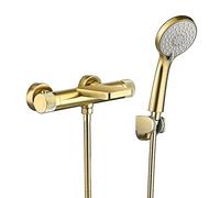 Aioneer Pommeau De Douche Thermostatique, Robinet De Baignoire Effet Cascade avec Douchette À Main 3 Jets, Robinet Mural en Laiton Doré Brossé, Mitigeur De Baignoire avec Poignée