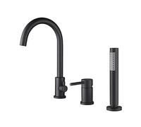 Aioneer Robinet De Baignoire À Entraxe Large, Ensemble De Remplissage en Laiton, Montage sur Plage, 3 Trous, Mitigeur De Douche À Poignée Unique avec Douchette, Noir-Black