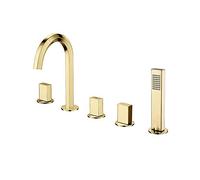 Aioneer Robinet De Baignoire À Entraxe Large, Montage sur Plage, Finition Dorée, en Laiton, 2 Poignées Carrées, 5 Trous, Mitigeur De Douche avec Douchette Haute Pression.