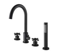 Aioneer Robinet De Baignoire avec Douchette, Ensemble De Remplissage en Laiton, Montage sur Plage, Mitigeur De Douche Multifonctionnel À Double Poignée en Croix avec Eau Chaude E-Matt Black