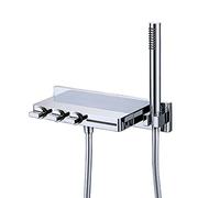 Aioneer Robinet De Baignoire avec Douchette, Robinet De Baignoire Cascade Mural, Robinet De Remplissage en Laiton À 3 Poignées avec Flexible De Douche De 1,5 M, Blanc Et Or Rose-Chrome