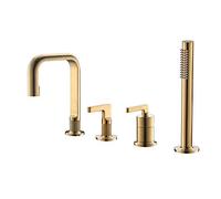 Aioneer Robinet De Baignoire avec Mitigeur Eau Chaude/Eau Froide, 4 Trous, Montage sur Plage, en Laiton, Douchette À Main, Poignée Lisse, Finition Or Brossé-Brushed Gold
