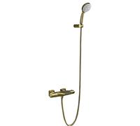 Aioneer Robinet De Baignoire Cascade avec Douchette À Main 3 Jets, Robinet Thermostatique Mural en Laiton, Mitigeur À 2 Poignées avec Douchette De 1,5 M, Finition Or Brossé-Brushed Gold