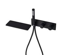 Aioneer Robinet De Baignoire Cascade avec Douchette, Robinet Thermostatique Mural en Laiton, Mitigeur À Double Poignée avec Flexible De Douche De 1,5 M, Finition Or Brossé-Black