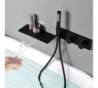 Aioneer Robinet De Baignoire Cascade, Mitigeur Thermostatique De Douche, Robinets De Baignoire en Laiton avec Douchette À Main Ronde, Robinets De Baignoire Modernes avec Accessoi-Black