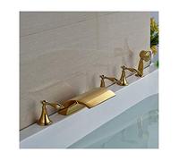 Aioneer Robinet De Baignoire Contemporain Effet Cascade avec Eau Chaude Et Froide, Montage sur Plage, Trois Poignées, Cinq Trous, Mitigeur De Douche avec Douchette, Couleur Or.-Gold a