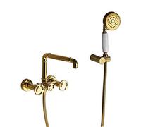 Aioneer Robinet De Baignoire De Style Industriel avec Douchette, Robinet De Remplissage Mural en Laiton, Mitigeur À Double Poignée avec Robinet Rotatif, Couleur Or A-Gold a