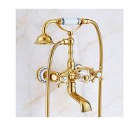 Aioneer Robinet De Baignoire Doré Antique avec Eau Chaude Et Froide, Robinet De Remplissage De Baignoire À Double Poignée en Laiton, Mitigeur Mural avec Douchette, Style Céramiqu-Ceramic Style