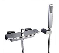 Aioneer Robinet De Baignoire Effet Cascade, Robinet Mural, Mitigeur en Laiton À Double Poignée avec Douchette, Bec Cascade, Doré-Chrome