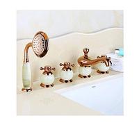 Aioneer Robinet De Baignoire en Laiton avec Mitigeur Douchette Et Douchette À Poser sur Plage, 5 Trous, 3 Poignées, Finition Céramique Dorée.-Rose Gold Jade