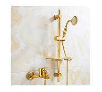 Aioneer Robinet De Baignoire Mural Contemporain Doré, Mitigeur De Douche/Baignoire Monocommande Doré avec Douchette, Barre Coulissante Et Étagère.