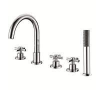 Aioneer Robinet De Baignoire sur Plage, Ensemble De Remplissage en Laiton À 3 Poignées en Croix Et 5 Trous, Mitigeur De Douche avec Douchette À Main Haute Pression, Doré-Chrome