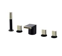 Aioneer Robinet De Baignoire sur Plage, Ensemble De Remplissage Moderne en Laiton À 3 Poignées Et 5 Trous, avec Douchette À Main Haute Pression, Blanc Et Or Rose.-Black Plus Gold