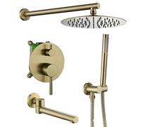 Aioneer Système De Douche 10 Pouces avec Mitigeur De Pluie Mural À 3 Jets, Comprenant Une Douche De Tête, Une Douchette, Un Robinet De Baignoire Et Un Boîtier Encastré. Finition-Brushed Gold a