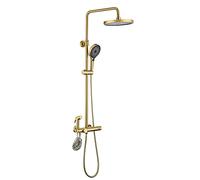Aioneer Système De Douche À Effet Pluie avec Pommeau De Douche De 25 Cm, Robinetterie Thermostatique Murale en Laiton, Ensemble De Douche avec Bec Cascade, Douchette À Main 3 Jet-Brushed Gold
