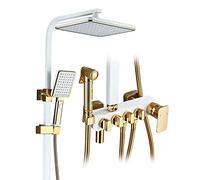 Aioneer Système De Douche À Effet Pluie, Ensemble De Robinetterie De Douche Mural, Mitigeur De Douche en Laiton avec Pommeau De Douche, Bec De Baignoire, Douchette À Main 2 Jets,-White Gold