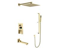 Aioneer Système De Douche Effet Pluie en Or Brossé avec Affichage LED Numérique, Pommeau De Douche Carré Mural De 25 À 30 Cm, Mitigeur avec Robinetterie De Baignoire Et Barre De-12 inch