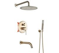 Aioneer Système De Douche Effet Pluie, Ensemble De Robinetterie De Salle De Bain en Laiton Brossé Doré avec Bec De Baignoire, Douchette Murale, Pommeau De Douche Rond, Douchette-16 inch