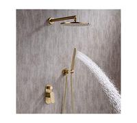 Aioneer Système De Douche en Laiton Brossé Doré, Mitigeur Mural Multifonction À Poignée Unique, Pommeau De Douche Rond Effet Pluie Et Douchette À Main, 30 Cm (12 Pouces).-8 inch