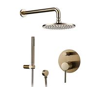 Aioneer Système De Douche en Laiton Doré Brossé, Ensemble De Robinetterie De Douche De Luxe À Effet Pluie, Fixation Murale, Douchette À Main, Pommeau De Douche Rond Effet Pluie,-8 inch