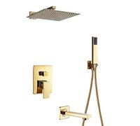 Aioneer Système De Douche, Ensemble De Robinetterie De Douche De Luxe Doré À Effet Pluie, Combiné De Douche Encastré À Poignée Unique avec Pomme De Douche Carrée Effet Pluie, Bec-8 inch