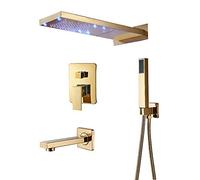 Aioneer Système De Douche Gold Rain Shower System avec Robinetterie LED, Ensemble De Douche Mural Combiné, Mitigeur De Douche en Laiton À Poignée Unique Effet Pluie Et Cascade AV