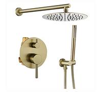 Aioneer Système De Douche, Robinetterie en Laiton Brossé Doré, Ensemble De Douche Mural Moderne avec Pommeau De Douche Effet Pluie De 25 Cm Et Douchette À Main.