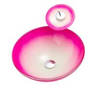 Aioneer Vasque De Salle De Bain en Verre Trempé Rose, Installation sur Comptoir, Vasque Ronde De Salle De Bain, Vasque Artistique avec Robinet Cascade en Laiton, Bonde Escamotabl