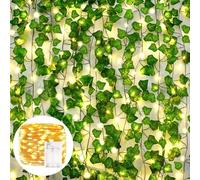 AIOR 12 Pcs Lierre Artificielle Plantes Guirlande Vigne avec lumière 100 LED, 200cm Exterieur Faux Lierre Artificiel Grimpant Fausse Plante Décoration pour Mariage, Célébration, Fête, Jardin, Bureau